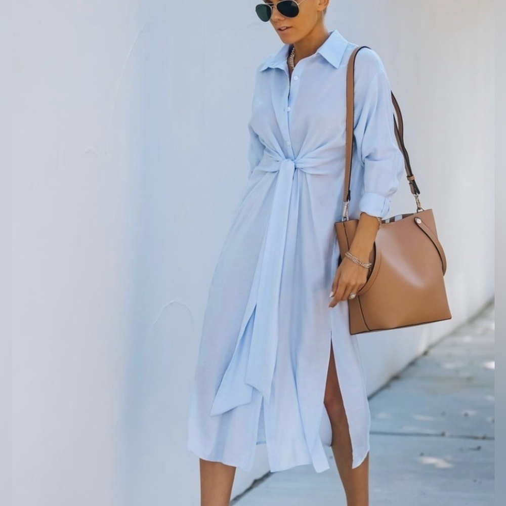 AEOM Vici Blue Sun Valley Tie Front Maxi Shirt Dress NWT Small - Picture 2 of 13